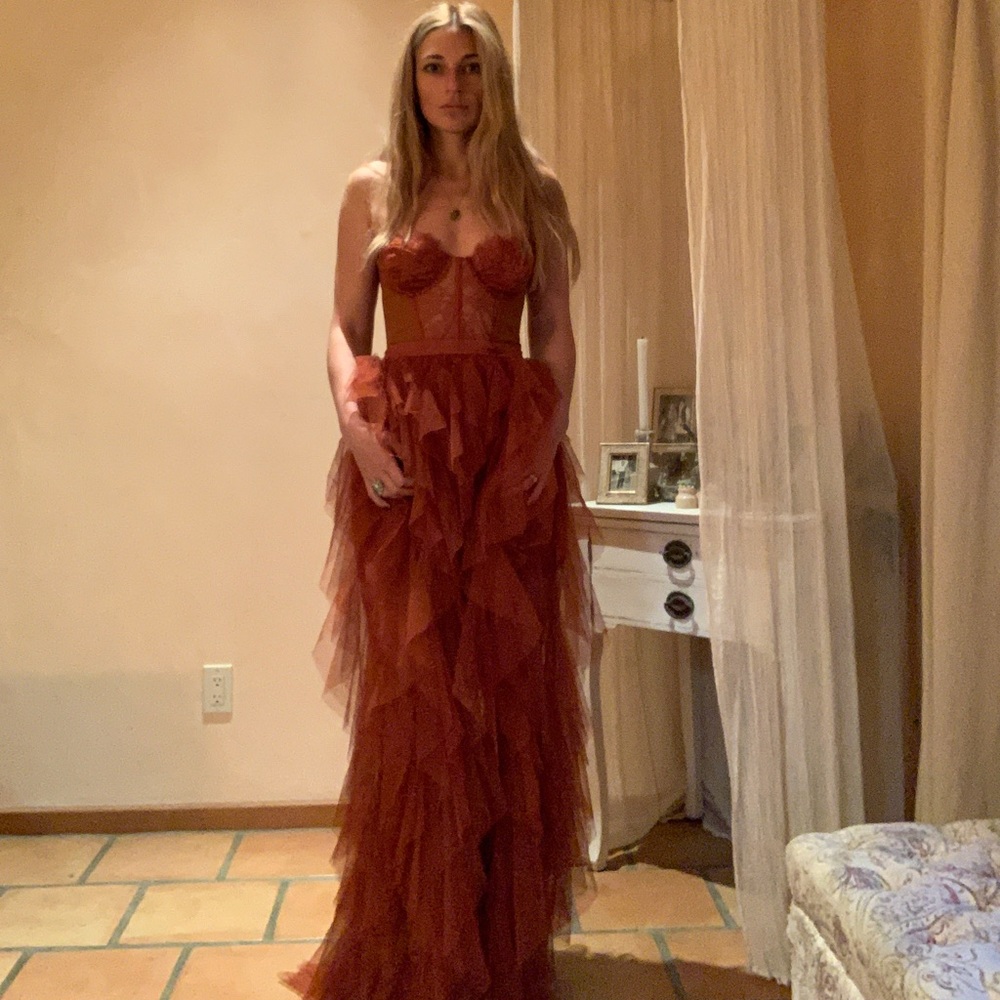 NWT For Love and Lemons X Revolve Bustier Gown, Rust, Size S